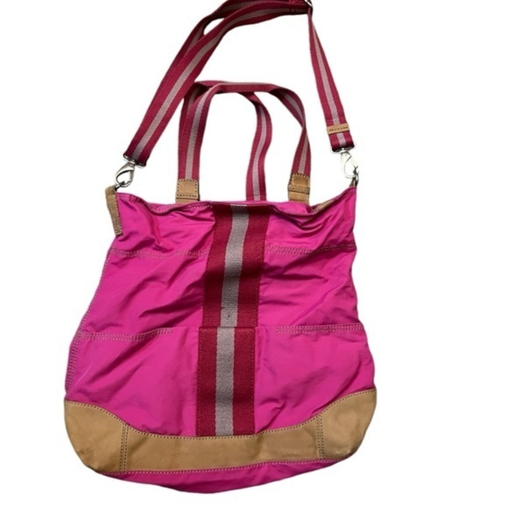 FOSSIL Key-Per Pink Fabric & Tan Suede Messenger / Tote Bag w/ Striped Trim